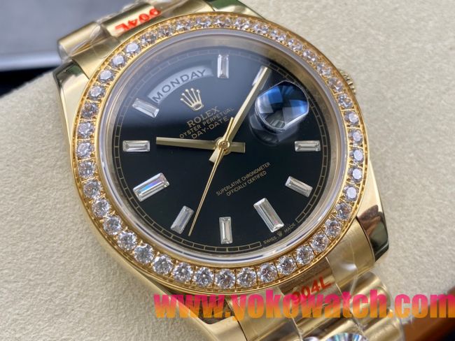 ロレックスコピー デイデイト 40mm 228238“ブラックダイヤル・ダイヤモンドベゼル・18Kイエローゴールド仕様” レディース／ユニセックスモデル