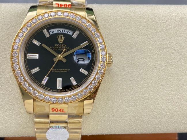 ロレックスコピー デイデイト 40mm 228238“ブラックダイヤル・ダイヤモンドベゼル・18Kイエローゴールド仕様” レディース／ユニセックスモデル
