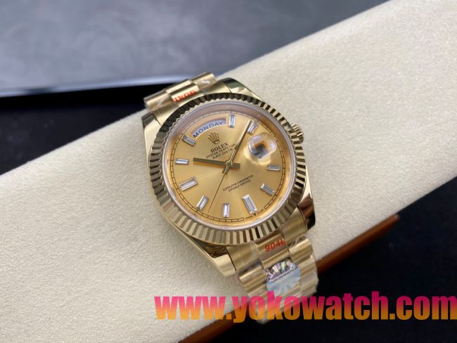 ロレックスコピー デイデイト 40mm 228238“シャンパンダイヤル・バゲットカットインデックス・18Kイエローゴールド仕様” ユニセックスモデル  