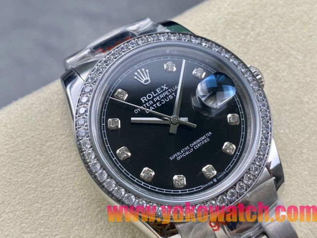 ロレックスコピー デイトジャスト 36mm 126234“ブラックダイヤル・ダイヤモンドベゼル・ステンレススチール仕様” レディース／ユニセックスモデル 