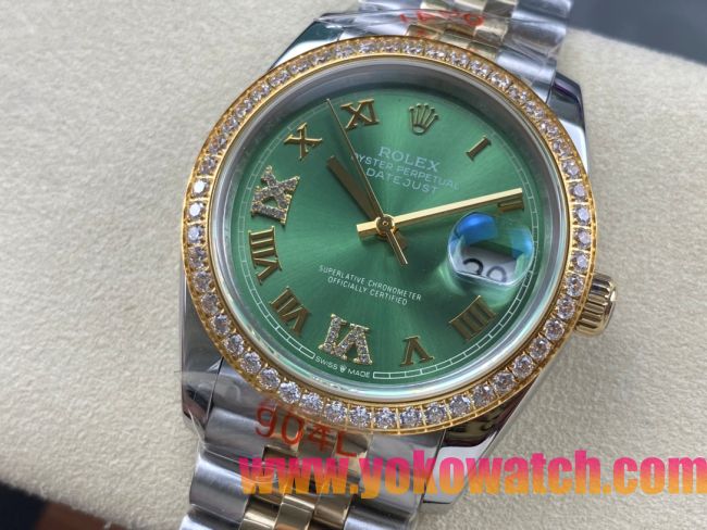 ロレックスコピー デイトジャスト 36mm 126234“エメラルドグリーンダイヤル・ローマ数字インデックス・ツートーン（SS＋18Kイエローゴールド）・ダイヤモンドベゼル仕様” ユニセックスモデル