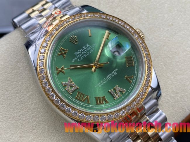 ロレックスコピー デイトジャスト 36mm 126234“エメラルドグリーンダイヤル・ローマ数字インデックス・ツートーン（SS＋18Kイエローゴールド）・ダイヤモンドベゼル仕様” ユニセックスモデル