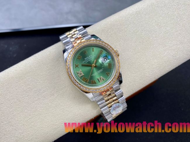 ロレックスコピー デイトジャスト 36mm 126234“エメラルドグリーンダイヤル・ローマ数字インデックス・ツートーン（SS＋18Kイエローゴールド）・ダイヤモンドベゼル仕様” ユニセックスモデル
