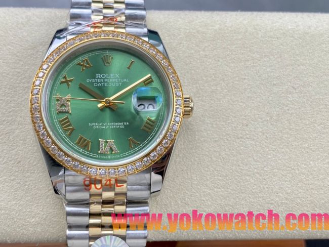 ロレックスコピー デイトジャスト 36mm 126234“エメラルドグリーンダイヤル・ローマ数字インデックス・ツートーン（SS＋18Kイエローゴールド）・ダイヤモンドベゼル仕様” ユニセックスモデル