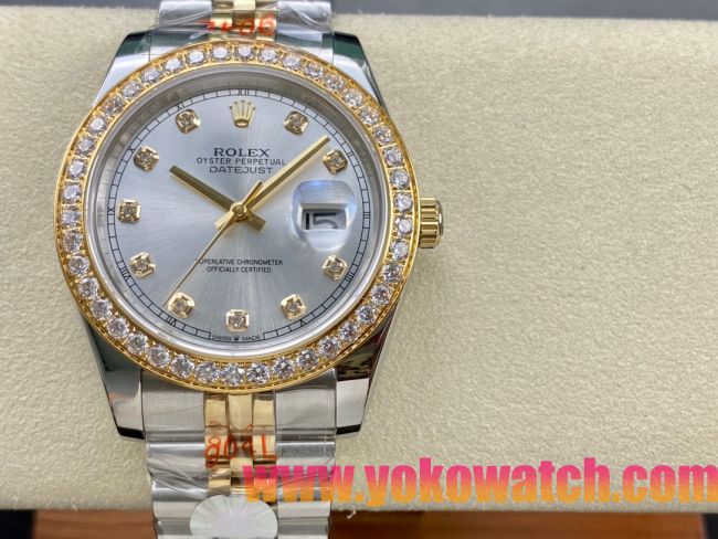 ロレックスコピー デイトジャスト 41mm 126334“シルバーダイヤル・ダイヤモンドインデックス・ツートーン（SS＋18Kイエローゴールド）・ダイヤモンドベゼル仕様” ユニセックスモデル