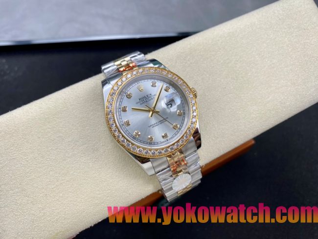 ロレックスコピー デイトジャスト 41mm 126334“シルバーダイヤル・ダイヤモンドインデックス・ツートーン（SS＋18Kイエローゴールド）・ダイヤモンドベゼル仕様” ユニセックスモデル