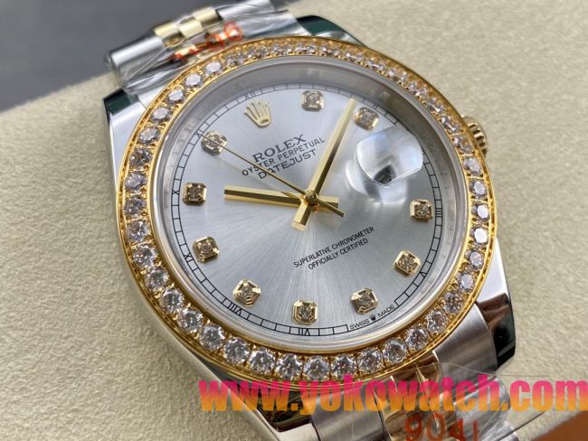 ロレックスコピー デイトジャスト 41mm 126334“シルバーダイヤル・ダイヤモンドインデックス・ツートーン（SS＋18Kイエローゴールド）・ダイヤモンドベゼル仕様” ユニセックスモデル