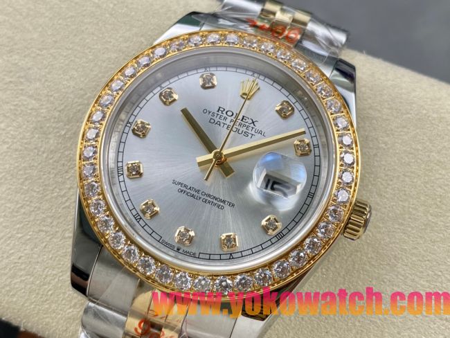 ロレックスコピー デイトジャスト 41mm 126334“シルバーダイヤル・ダイヤモンドインデックス・ツートーン（SS＋18Kイエローゴールド）・ダイヤモンドベゼル仕様” ユニセックスモデル