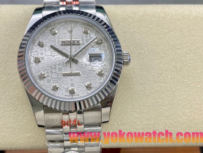 ロレックスコピー デイトジャスト 41mm 126334“シルバーダイヤル・ダイヤモンドインデックス・904Lステンレス仕様・マイクロメカニカルパターン文字盤” ユニセックスモデル