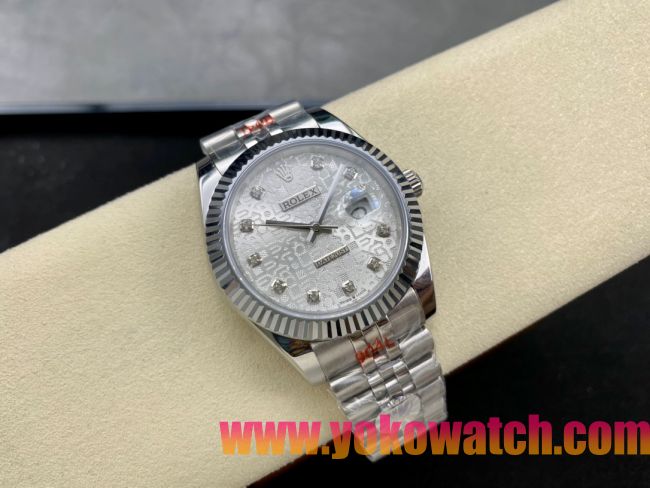 ロレックスコピー デイトジャスト 41mm 126334“シルバーダイヤル・ダイヤモンドインデックス・904Lステンレス仕様・マイクロメカニカルパターン文字盤” ユニセックスモデル