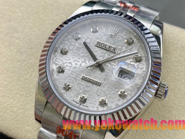 ロレックスコピー デイトジャスト 41mm 126334“シルバーダイヤル・ダイヤモンドインデックス・904Lステンレス仕様・マイクロメカニカルパターン文字盤” ユニセックスモデル