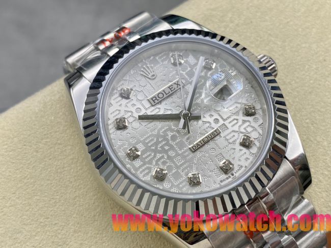 ロレックスコピー デイトジャスト 41mm 126334“シルバーダイヤル・ダイヤモンドインデックス・904Lステンレス仕様・マイクロメカニカルパターン文字盤” ユニセックスモデル