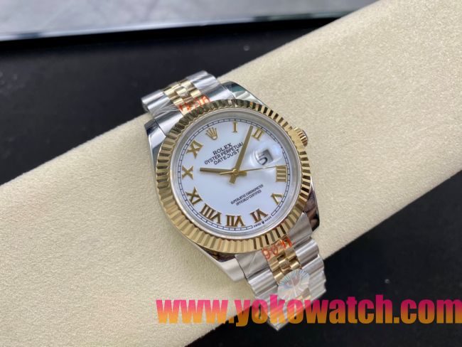 ロレックスコピー デイトジャスト 41mm 126333“ホワイト文字盤・ローマ数字インデックス・イエローゴールドベゼル＆リューズ・904Lステンレス仕様” ユニセックスモデル
