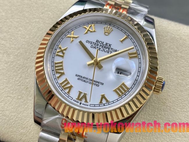 ロレックスコピー デイトジャスト 41mm 126333“ホワイト文字盤・ローマ数字インデックス・イエローゴールドベゼル＆リューズ・904Lステンレス仕様” ユニセックスモデル
