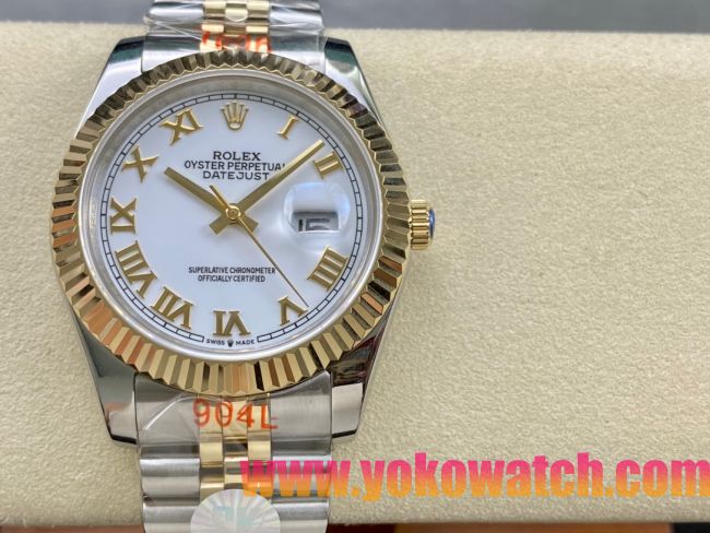 ロレックスコピー デイトジャスト 41mm 126333“ホワイト文字盤・ローマ数字インデックス・イエローゴールドベゼル＆リューズ・904Lステンレス仕様” ユニセックスモデル