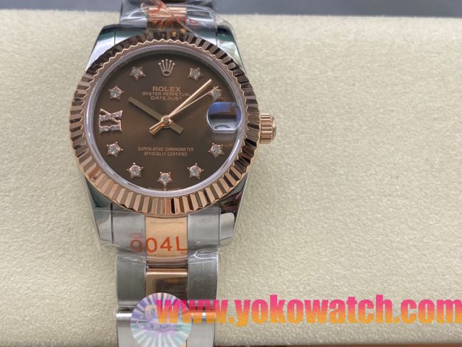 ロレックスコピー デイトジャスト 31mm 278271“ブラウン文字盤・イエローゴールドベゼル＋スターダイヤモンドインデックス・904Lステンレス仕様” レディースモデル 