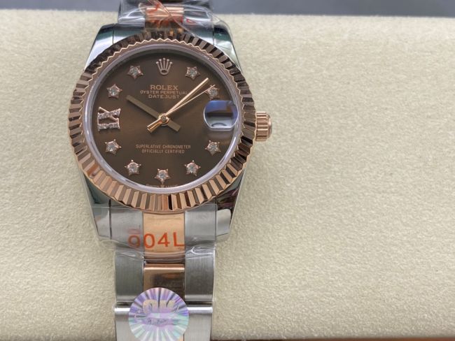 ロレックスコピー デイトジャスト 31mm 278271“ブラウン文字盤・イエローゴールドベゼル＋スターダイヤモンドインデックス・904Lステンレス仕様” レディースモデル 