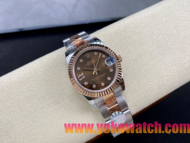 ロレックスコピー デイトジャスト 31mm 278271“ブラウン文字盤・イエローゴールドベゼル＋スターダイヤモンドインデックス・904Lステンレス仕様” レディースモデル 