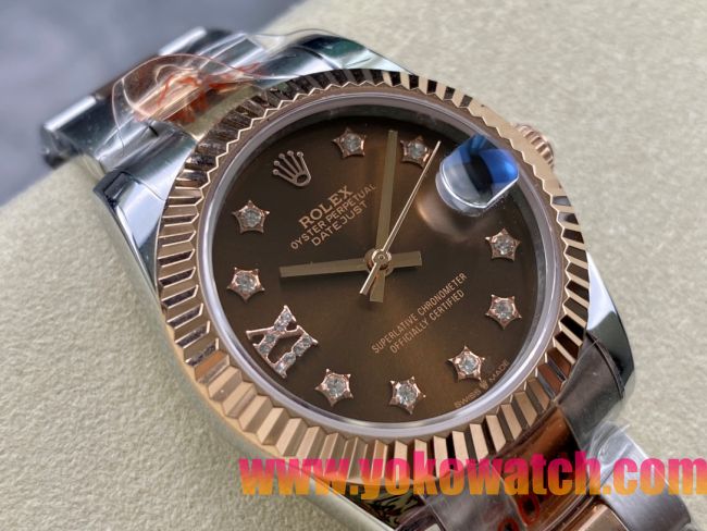 ロレックスコピー デイトジャスト 31mm 278271“ブラウン文字盤・イエローゴールドベゼル＋スターダイヤモンドインデックス・904Lステンレス仕様” レディースモデル 