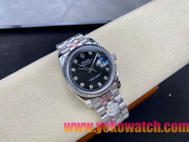 ロレックスコピー デイトジャスト 36mm 126234“ブラック文字盤・ダイヤモンドインデックス・ツートーンブレスレット（双頭粒帯仕様）・904Lステンレス仕様” ユニセックスモデル