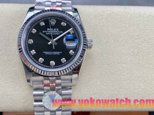 ロレックスコピー デイトジャスト 36mm 126234“ブラック文字盤・ダイヤモンドインデックス・ツートーンブレスレット（双頭粒帯仕様）・904Lステンレス仕様” ユニセックスモデル