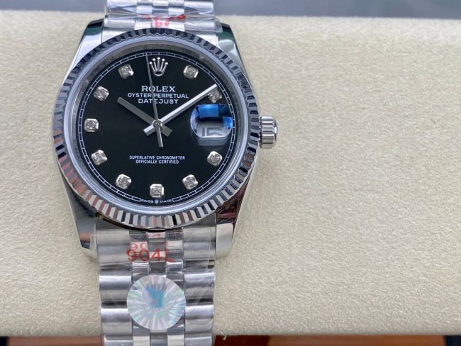 ロレックスコピー デイトジャスト 36mm 126234“ブラック文字盤・ダイヤモンドインデックス・ツートーンブレスレット（双頭粒帯仕様）・904Lステンレス仕様” ユニセックスモデル