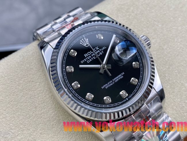 ロレックスコピー デイトジャスト 36mm 126234“ブラック文字盤・ダイヤモンドインデックス・ツートーンブレスレット（双頭粒帯仕様）・904Lステンレス仕様” ユニセックスモデル