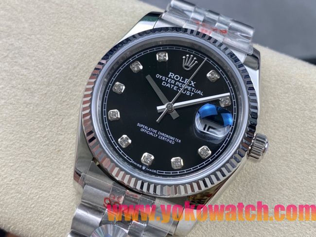 ロレックスコピー デイトジャスト 36mm 126234“ブラック文字盤・ダイヤモンドインデックス・ツートーンブレスレット（双頭粒帯仕様）・904Lステンレス仕様” ユニセックスモデル