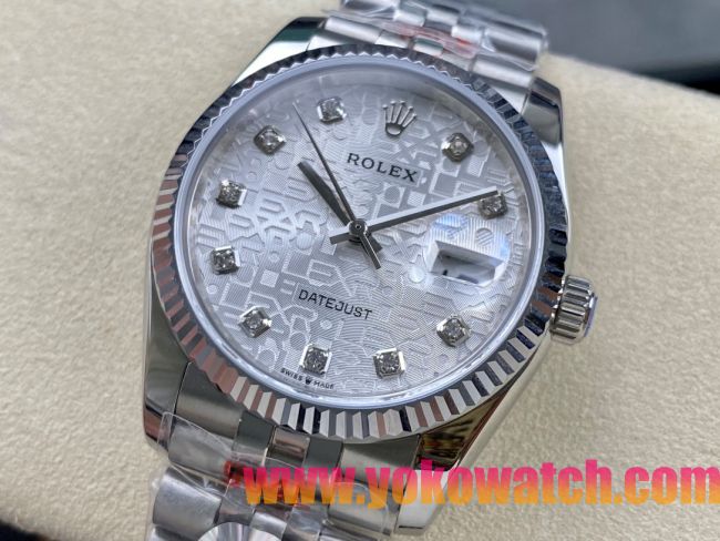 ロレックスコピー デイトジャスト 36mm 126234“シルバー文字盤・ダイヤモンドインデックス・グレイン模様（マイクロパターン）文字盤・ツートーン双頭粒帯仕様・904Lステンレス仕様” ユニセックスモデル  