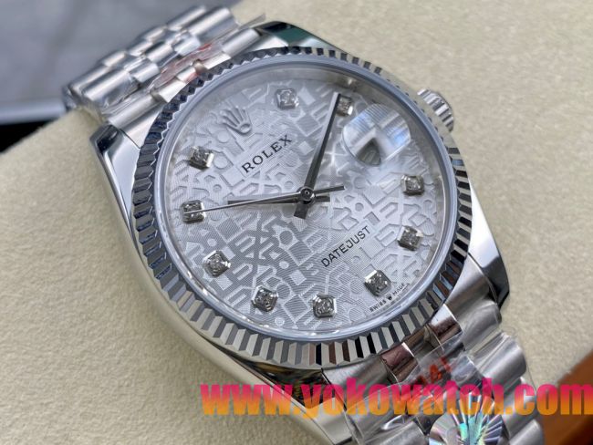 ロレックスコピー デイトジャスト 36mm 126234“シルバー文字盤・ダイヤモンドインデックス・グレイン模様（マイクロパターン）文字盤・ツートーン双頭粒帯仕様・904Lステンレス仕様” ユニセックスモデル  
