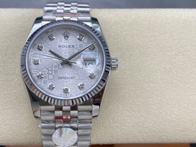 ロレックスコピー デイトジャスト 36mm 126234“シルバー文字盤・ダイヤモンドインデックス・グレイン模様（マイクロパターン）文字盤・ツートーン双頭粒帯仕様・904Lステンレス仕様” ユニセックスモデル  