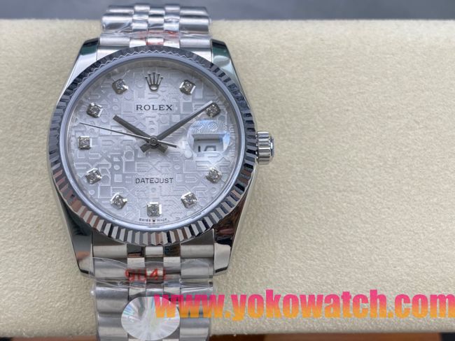 ロレックスコピー デイトジャスト 36mm 126234“シルバー文字盤・ダイヤモンドインデックス・グレイン模様（マイクロパターン）文字盤・ツートーン双頭粒帯仕様・904Lステンレス仕様” ユニセックスモデル  