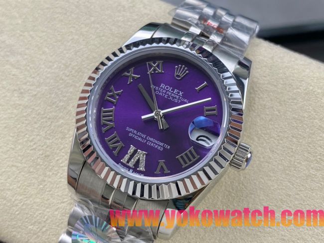 ロレックスコピー デイトジャスト 31mm 278274“パープル文字盤・ローマ数字インデックス・ダイヤモンド付VI時位置・904Lステンレス仕様” レディースモデル  