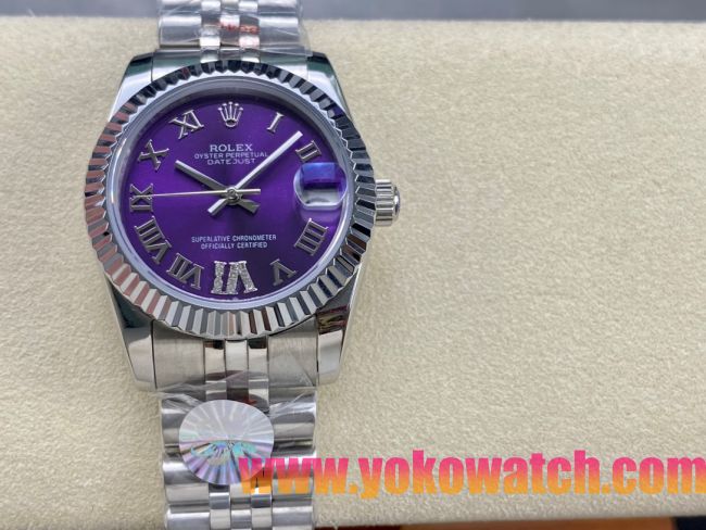 ロレックスコピー デイトジャスト 31mm 278274“パープル文字盤・ローマ数字インデックス・ダイヤモンド付VI時位置・904Lステンレス仕様” レディースモデル  