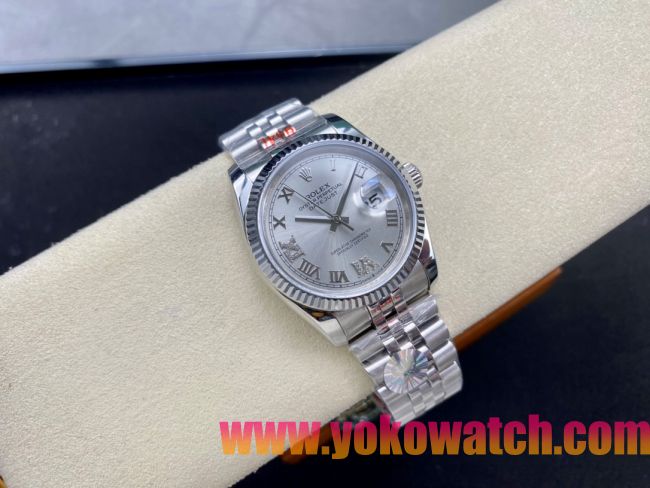 ロレックスコピー デイトジャスト 36mm 126234“シルバー文字盤・ローマ数字インデックス（III・VI・IX・XII時位置にダイヤモンド）・904Lステンレス仕様” ユニセックスモデル