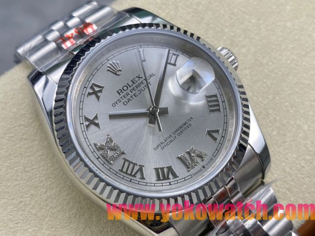 ロレックスコピー デイトジャスト 36mm 126234“シルバー文字盤・ローマ数字インデックス（III・VI・IX・XII時位置にダイヤモンド）・904Lステンレス仕様” ユニセックスモデル
