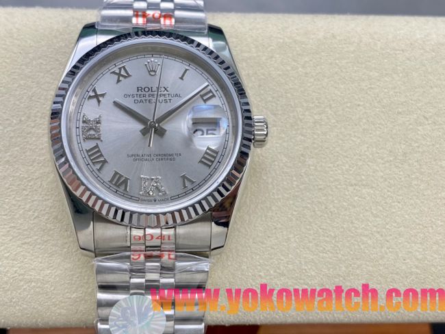ロレックスコピー デイトジャスト 36mm 126234“シルバー文字盤・ローマ数字インデックス（III・VI・IX・XII時位置にダイヤモンド）・904Lステンレス仕様” ユニセックスモデル