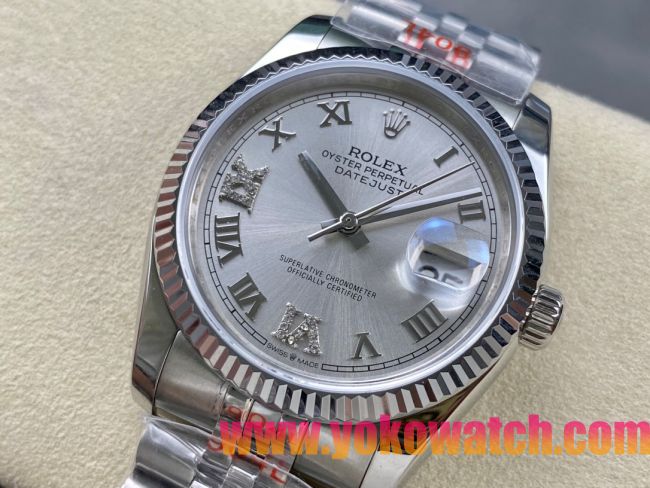 ロレックスコピー デイトジャスト 36mm 126234“シルバー文字盤・ローマ数字インデックス（III・VI・IX・XII時位置にダイヤモンド）・904Lステンレス仕様” ユニセックスモデル