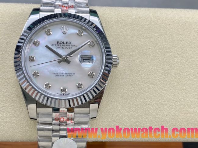 ロレックスコピー デイトジャスト 41mm 126334“ホワイトマザーオブパール文字盤・ダイヤモンドインデックス（10石）・双頭粒帯仕様・904Lステンレス仕様” ユニセックスモデル