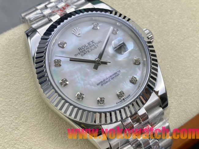 ロレックスコピー デイトジャスト 41mm 126334“ホワイトマザーオブパール文字盤・ダイヤモンドインデックス（10石）・双頭粒帯仕様・904Lステンレス仕様” ユニセックスモデル