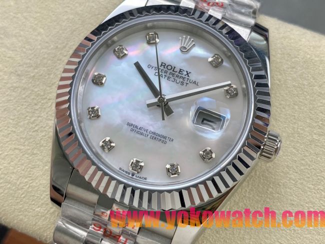 ロレックスコピー デイトジャスト 41mm 126334“ホワイトマザーオブパール文字盤・ダイヤモンドインデックス（10石）・双頭粒帯仕様・904Lステンレス仕様” ユニセックスモデル