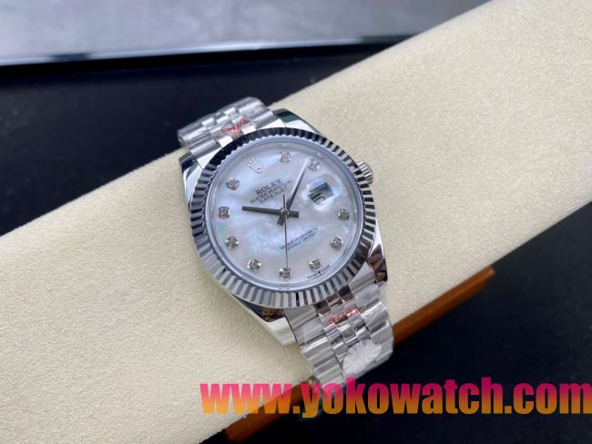 ロレックスコピー デイトジャスト 41mm 126334“ホワイトマザーオブパール文字盤・ダイヤモンドインデックス（10石）・双頭粒帯仕様・904Lステンレス仕様” ユニセックスモデル