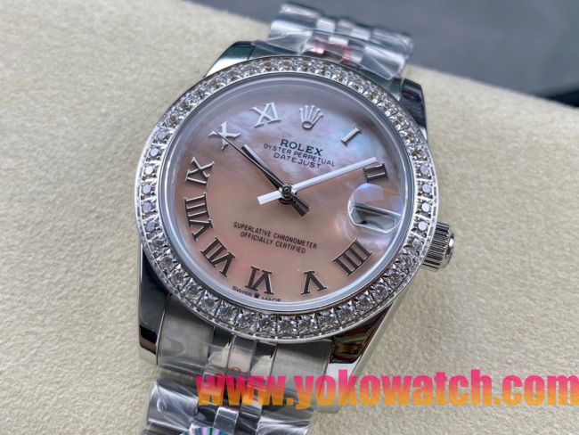 ロレックスコピー デイトジャスト 31mm 278274“ピンクマザーオブパール文字盤・ローマ数字インデックス・ダイヤモンドベゼル（48石）・904Lステンレス仕様” レディースモデル 