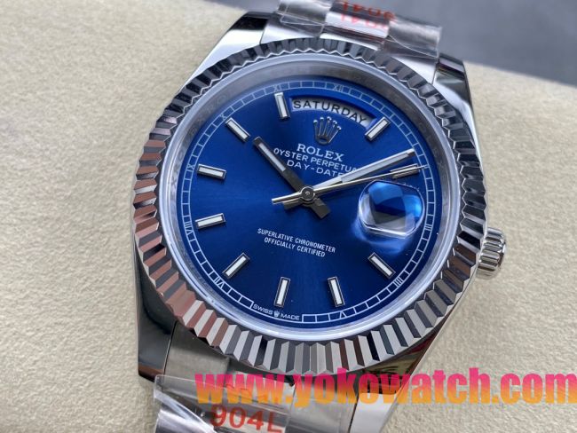 ロレックスコピー デイデイト（Day-Date）40mm 228239“ブルー文字盤・インデックス＋サタデー表示・904Lステンレス仕様” ユニセックスモデル