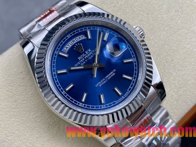 ロレックスコピー デイデイト（Day-Date）40mm 228239“ブルー文字盤・インデックス＋サタデー表示・904Lステンレス仕様” ユニセックスモデル