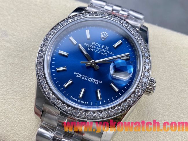 ロレックスコピー デイトジャスト 36mm 126234“ブルー文字盤・インデックス＋フルダイヤモンドベゼル（48石）・ツートーンブレスレット・双頭粒帯仕様” レディース／ユニセックスモデル 