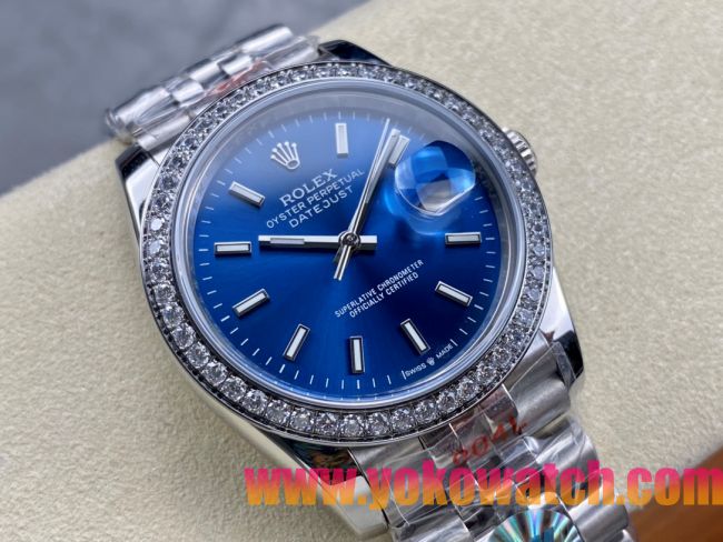 ロレックスコピー デイトジャスト 36mm 126234“ブルー文字盤・インデックス＋フルダイヤモンドベゼル（48石）・ツートーンブレスレット・双頭粒帯仕様” レディース／ユニセックスモデル 