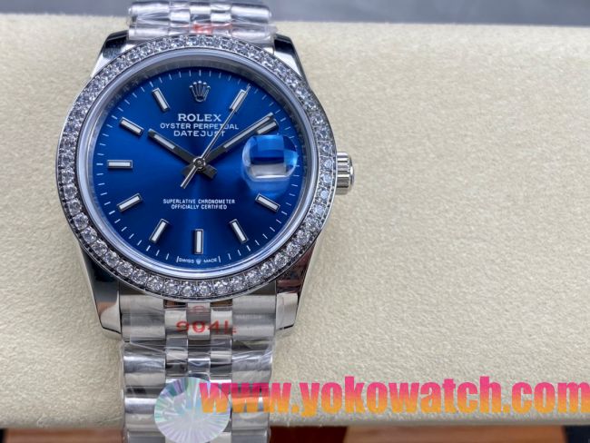 ロレックスコピー デイトジャスト 36mm 126234“ブルー文字盤・インデックス＋フルダイヤモンドベゼル（48石）・ツートーンブレスレット・双頭粒帯仕様” レディース／ユニセックスモデル 