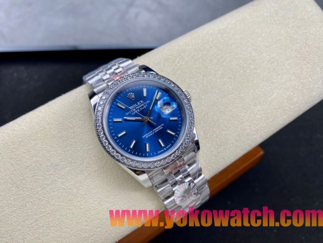 ロレックスコピー デイトジャスト 36mm 126234“ブルー文字盤・インデックス＋フルダイヤモンドベゼル（48石）・ツートーンブレスレット・双頭粒帯仕様” レディース／ユニセックスモデル 