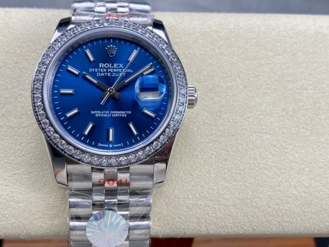 ロレックスコピー デイトジャスト 36mm 126234“ブルー文字盤・インデックス＋フルダイヤモンドベゼル（48石）・ツートーンブレスレット・双頭粒帯仕様” レディース／ユニセックスモデル 